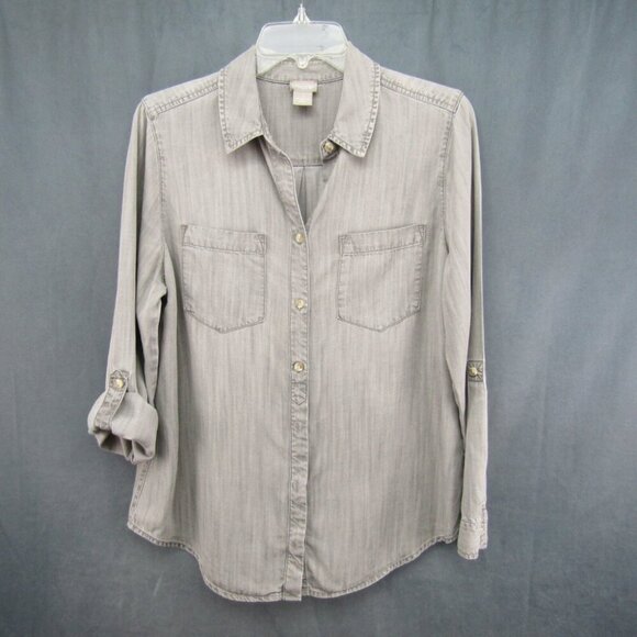 Chicos Weathered Gray Button Up Top Size M 1 Roll Tab Sleeve Pockets Lyocell - Picture 8 of 8
